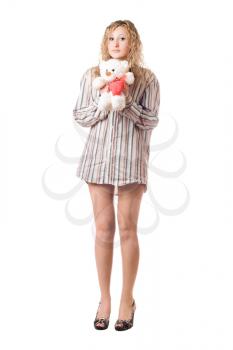 Royalty Free Photo of a Woman in a Man's Shirt Holding a Teddy Bear