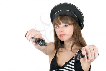 Royalty Free Photo of a Girl in a Sailor Costume Holding Pistols