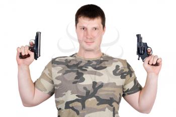 Royalty Free Photo of a Man Holding Two Guns