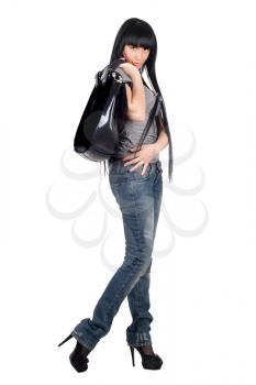 Royalty Free Photo of a Woman Holding a Black Handbag