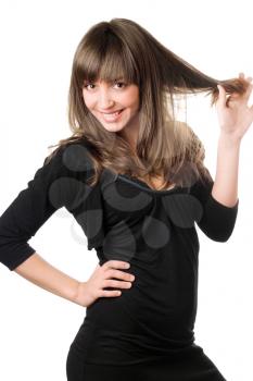 Royalty Free Photo of a Woman in Black Tugging Her Hair