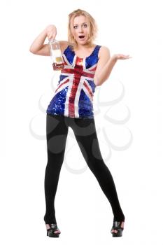 Royalty Free Photo of a Woman in a Union Jack Shirt With an Empty Bottle