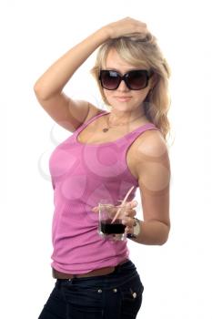 Royalty Free Photo of a Woman With a Drink Wearing Sunglasses