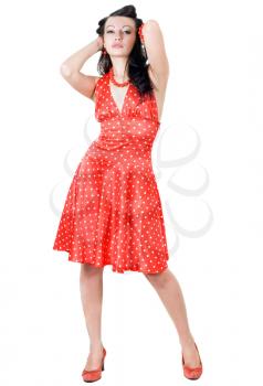 Royalty Free Photo of a Woman in a Red Dress With White Polka Dots