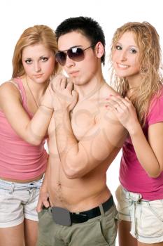 Royalty Free Photo of Two Girls With a Shirtless Boy