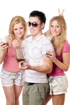 Royalty Free Photo of Two Girls With a Boy Drinking