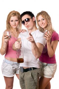Royalty Free Photo of a Boy and Two Girls With Whiskey
