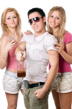 Royalty Free Photo of a Boy and Two Girls With Alcohol