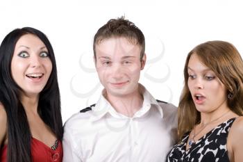 Royalty Free Photo of a Young Man and Two Women Looking Surprised