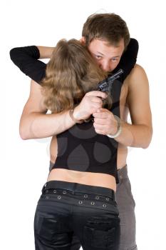 Royalty Free Photo of a Woman Hugging a Man in Handcuffs