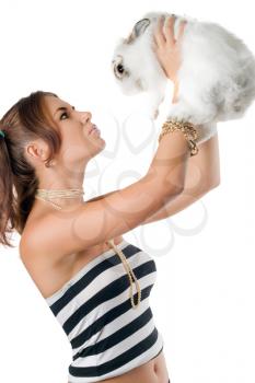 Royalty Free Photo of a Woman Holding a Rabbit