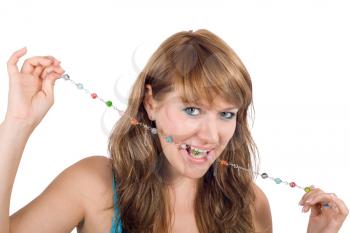 Royalty Free Photo of a Woman With Beads in Her Mouth