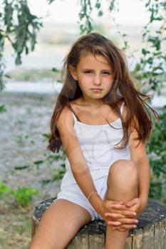Pretty little girl sitting on a tree stump