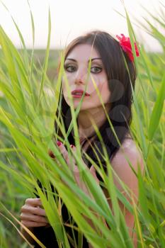 Portrait of charming young woman in the long grass