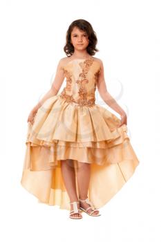 Attractive little girl in a chic evening dress. Isolated
