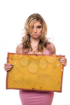 Young woman posing with yellow vintage board
