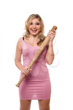 Portrait of cheerful young blonde with a bat in their hands