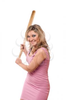 Portrait of joyful young blonde with a bat in their hands
