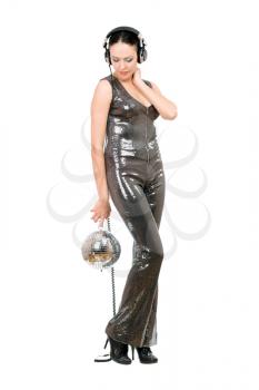 Young woman with a mirror ball in her hands. Isolated