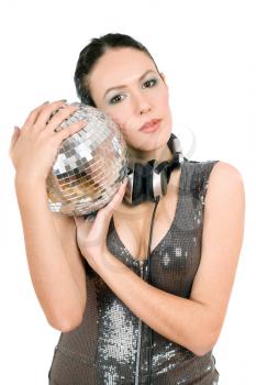 Portrait of young brunette with a mirror ball in her hands. Isolated on white