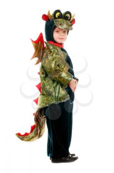Little kid in a dragon costume. Isolated