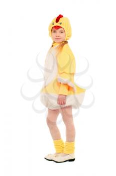Cute little girl dressed as a chicken. Isolated