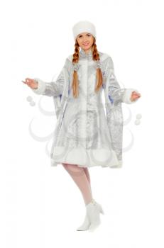 Playful beautiful Snow Maiden. Isolated on white