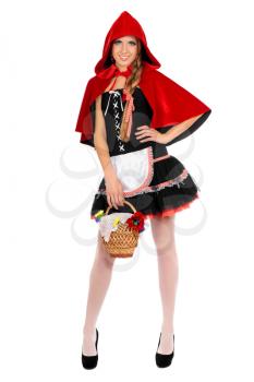 Smiling young woman dressed as Little Red Riding Hood