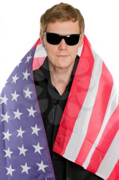Young man in the American flag. Isolated