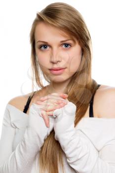 Portrait of a nice young lady posing in white blouse. Isolated