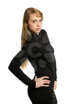 Young sexy blond woman posing in black clothing. Isolated on white