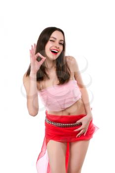 Happy smiling brunette winking and showing OK sign. Isolated on white