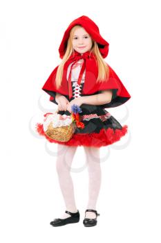 Little blond girl dressed as little red riding hood with basket. Isolated on white