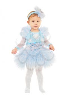 Adorable little girl wearing snowflake costume. Isolated on white
