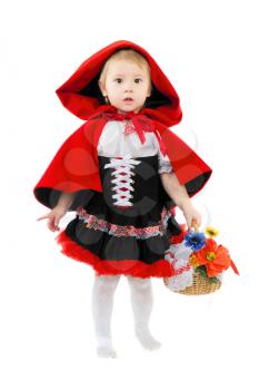 Beautiful girl posing dressed as little red riding hood with basket. Isolated on white