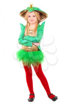 Little blond girl wearing green carnival costume. Isolated on white