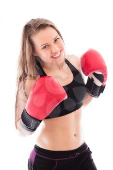 Portrait of cheerful boxer in red gloves. Isolated on white