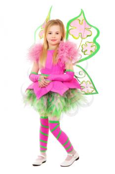 Pretty little blond girl wearing like a butterfly. Isolated on white
