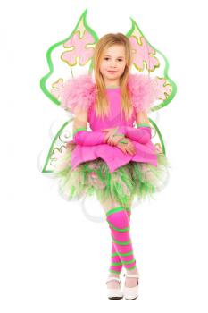 Beautiful little girl dressed in green and pick butterfly suit. Isolated on white