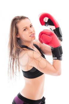 Portrait of cheeky young woman wearing like a boxer. Isolated on white
