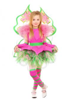 Attractive little blond girl showing her carnival dress. Isolated on white