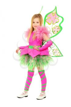 Nice little blond girl wearing luxury butterfly costume. Isolated on white