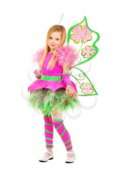 Playful little blond girl posing in nice butterfly costume. Isolated on white