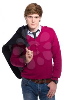 Young attractive man wearing jeans and crimson jumper. Isolated on white