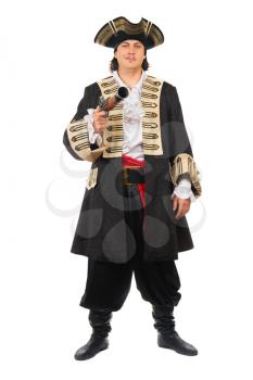 Young man with pistol wearing pirate costume. Isolated on white