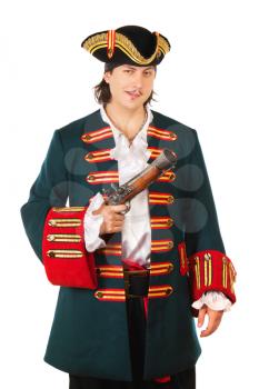 Young smiling man wearing pirate costume. Isolated on white
