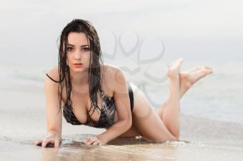 Pretty provocative brunette posing on the beach