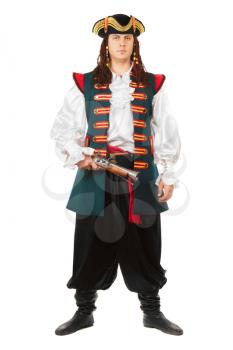 Young serious man wearing pirate costume. Isolated on white