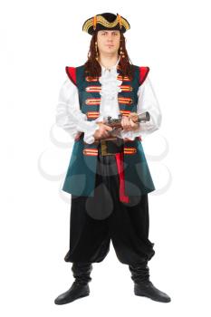 Young grinning man wearing pirate costume and cocked hat. Isolated on white