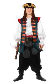 Smiling man posing in pirate costume with a pistol. Isolated on white